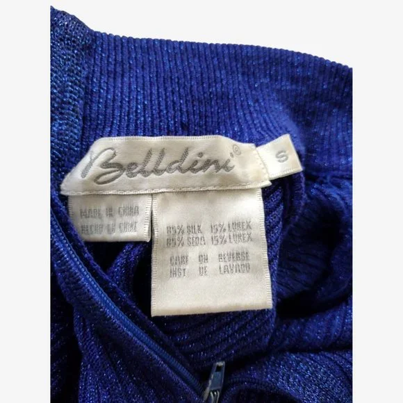 Vintage 1980s Blue Metallic Silk Beaded Stretch Knit Mock Neck Sweater - Picture 11 of 12